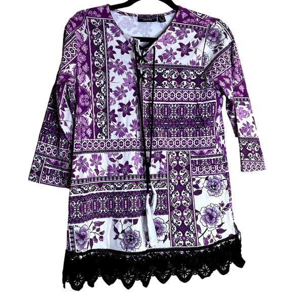 Susan Graver Weekend Blouse Tunic Top Women XS Stretch Purple Floral NEW Lace - Picture 1 of 11
